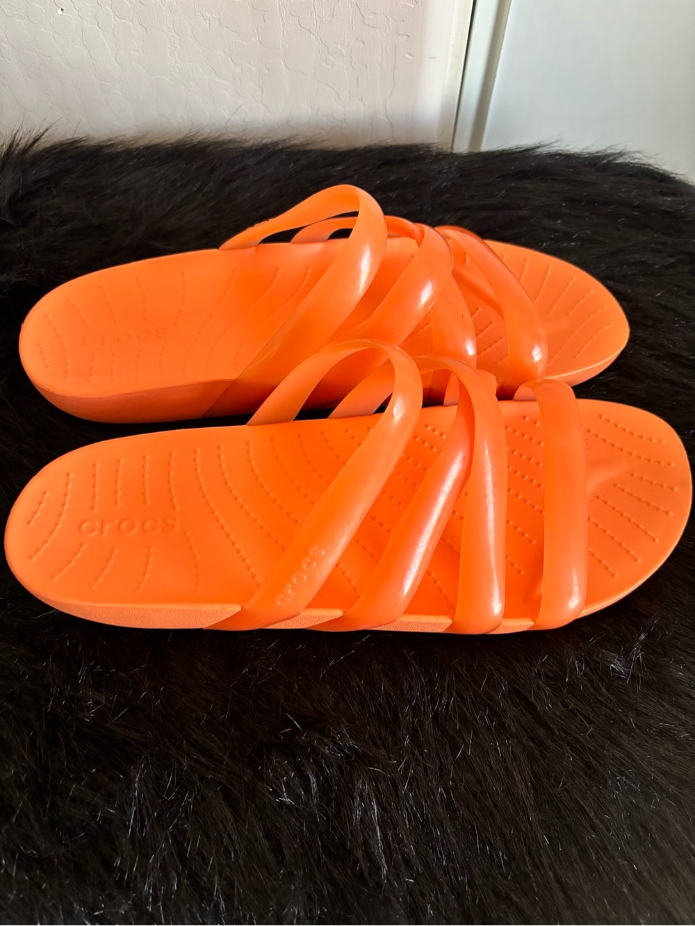 EUC CROCS Women's Neon Orange Multi-Strap Slide Sandals, Size 11